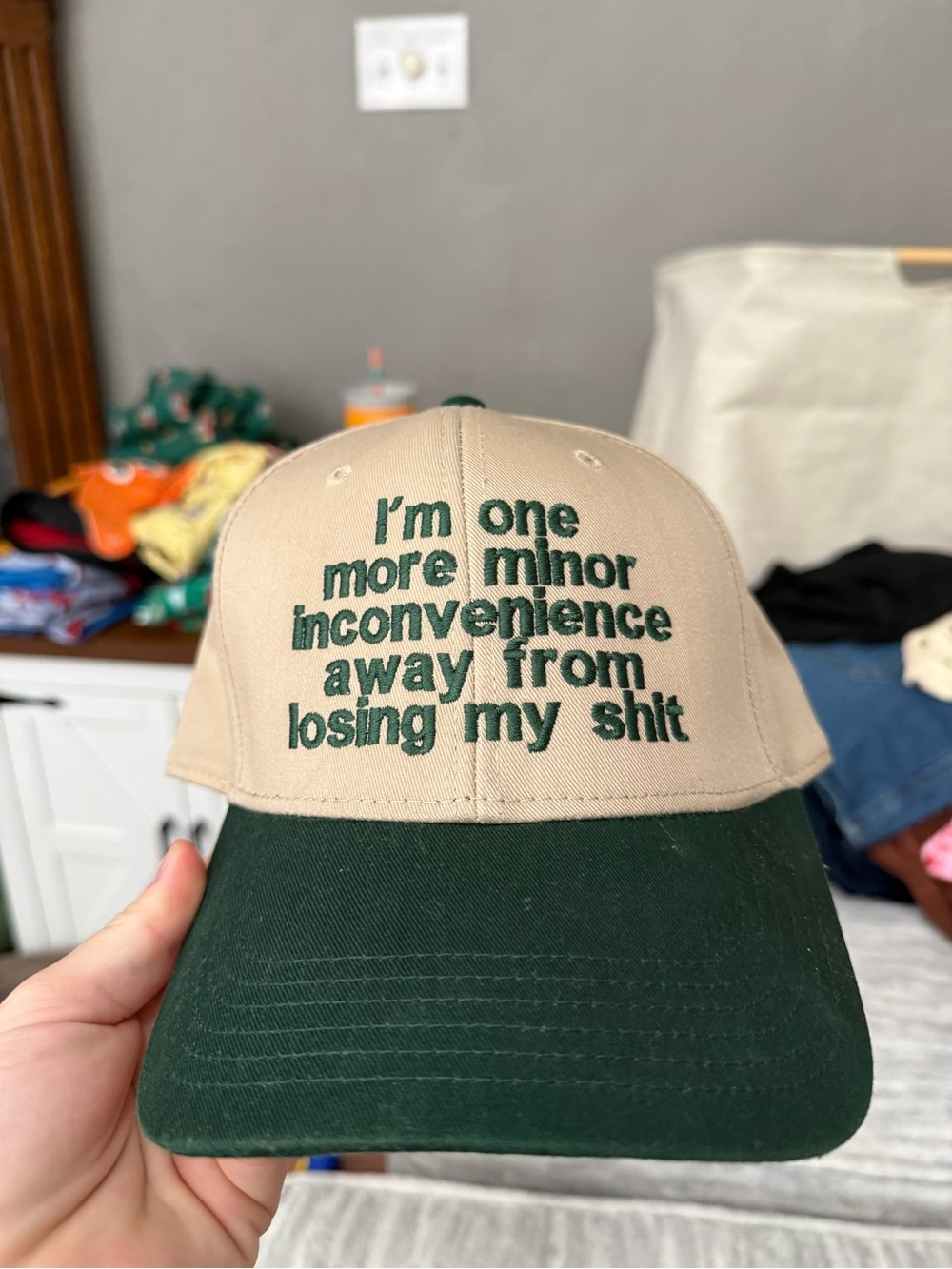 Tan and Dark Green Embroidered Slogan Baseball Cap